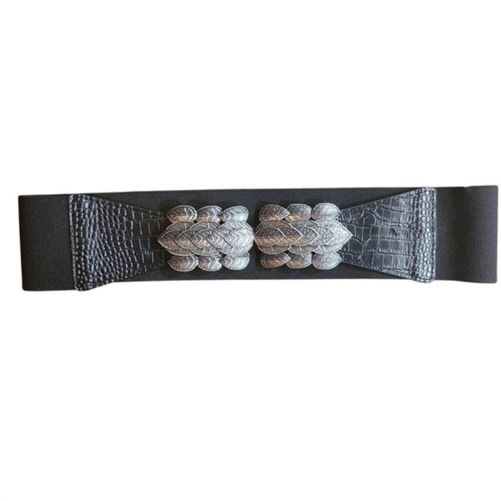 BCBGMAXAZRIA Black Elastic Belt Silver Leaf Buckle Croc Embossed Medium‎